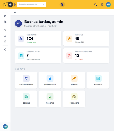 Panel de administración de Resident5 con módulos de accesos, reservas y pagos